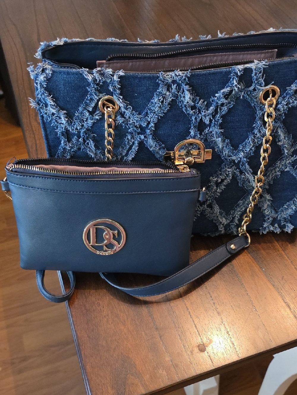 Navy Denim-Textured Tote with Navy Crossbody Wristlet